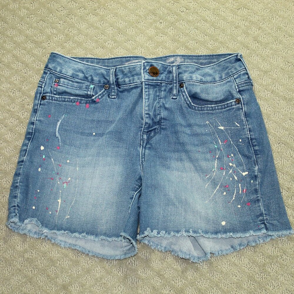 Seven 7 Women's Size 4 Raw Hem Paint Spattered Mid Rise Blue Jean 5" Shorts